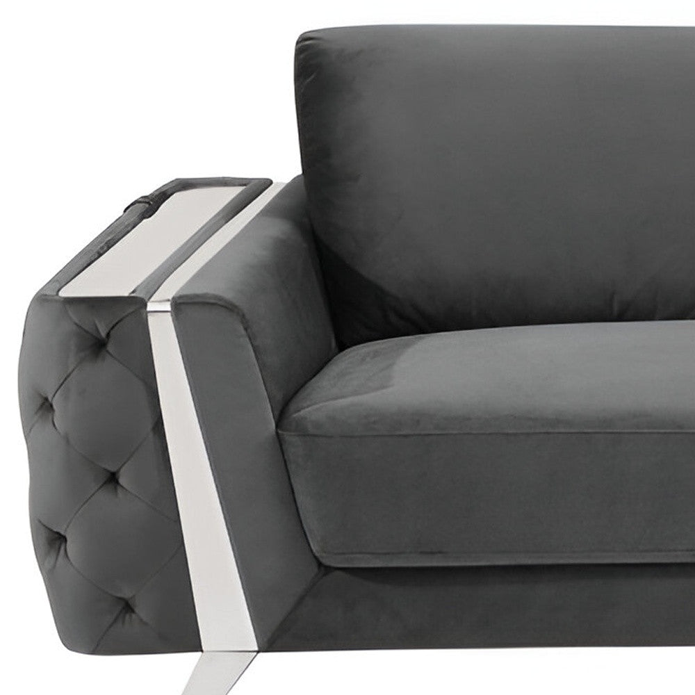 90" Gray Velvet Sofa With Silver Legs