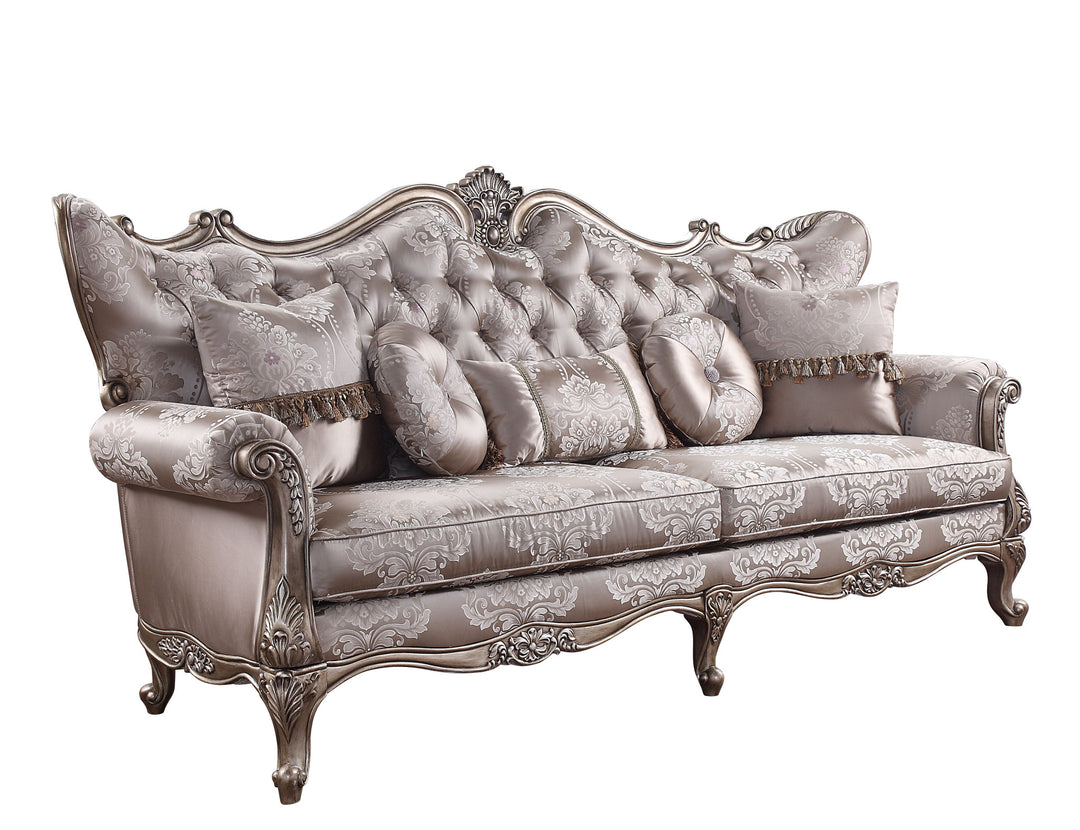 94" Dark Gray Damask Sofa with Champagne Legs and Toss Pillows