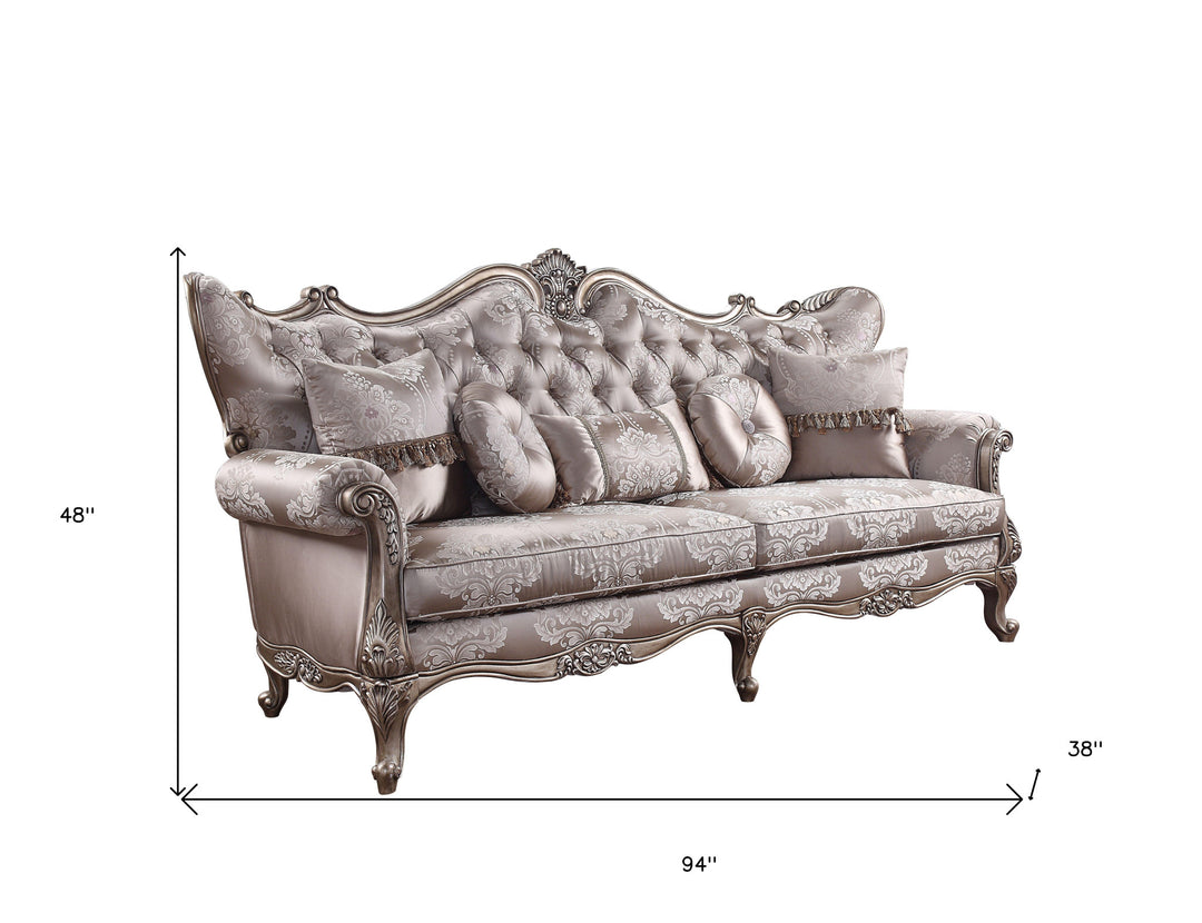 94" Dark Gray Damask Sofa with Champagne Legs and Toss Pillows