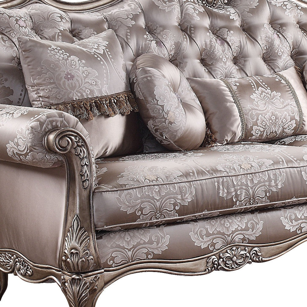 94" Dark Gray Damask Sofa with Champagne Legs and Toss Pillows