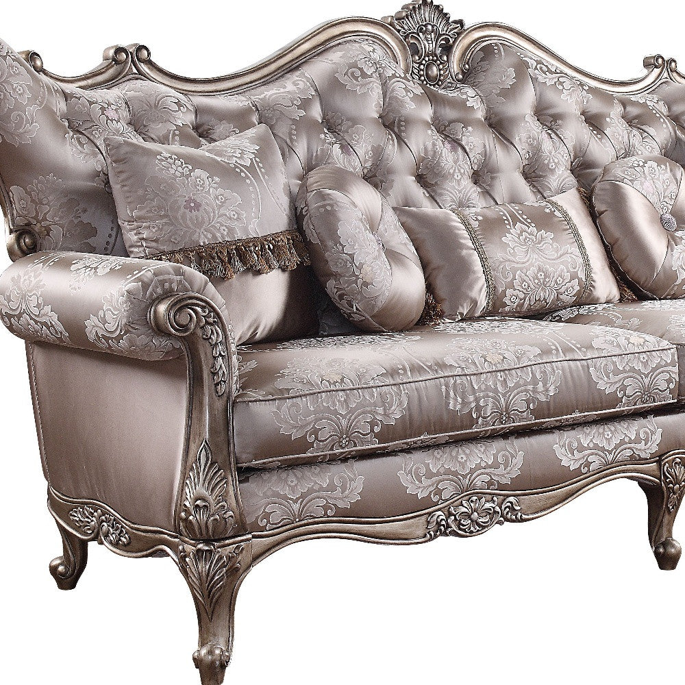 94" Dark Gray Damask Sofa with Champagne Legs and Toss Pillows