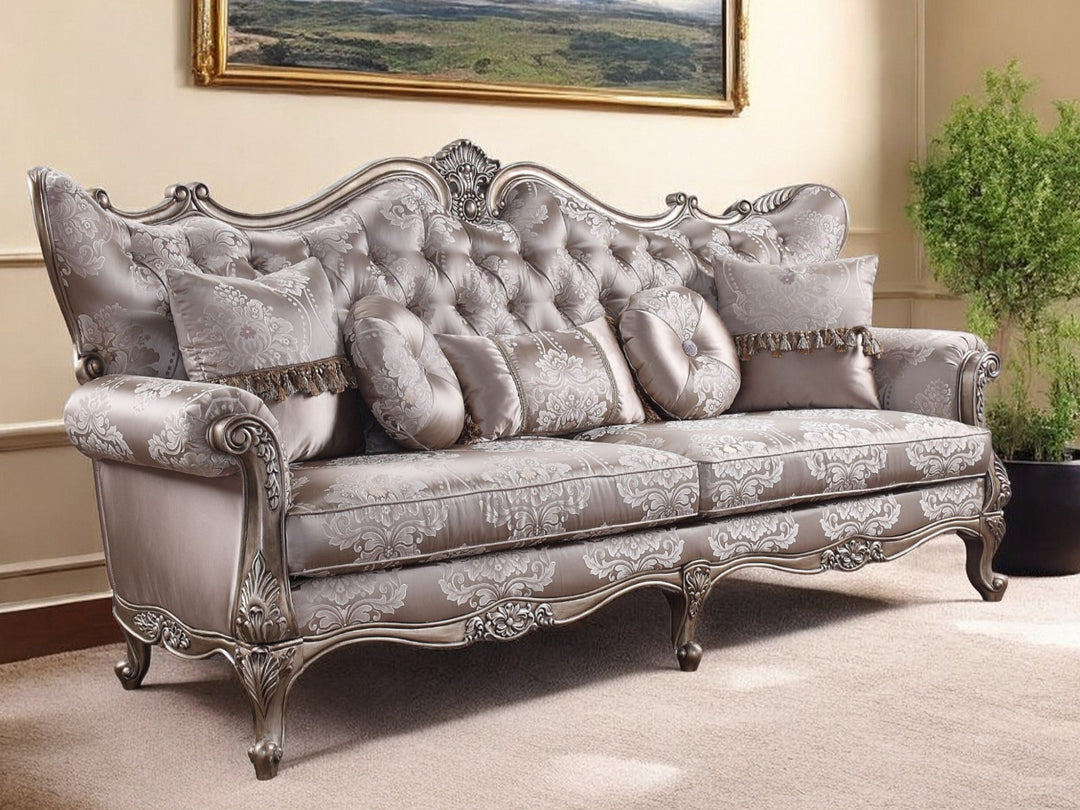 94" Dark Gray Damask Sofa with Champagne Legs and Toss Pillows