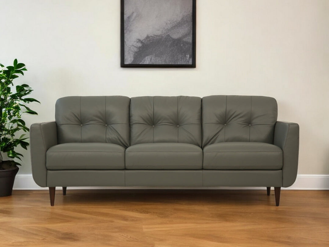 83" Green Leather Sofa With Black Legs