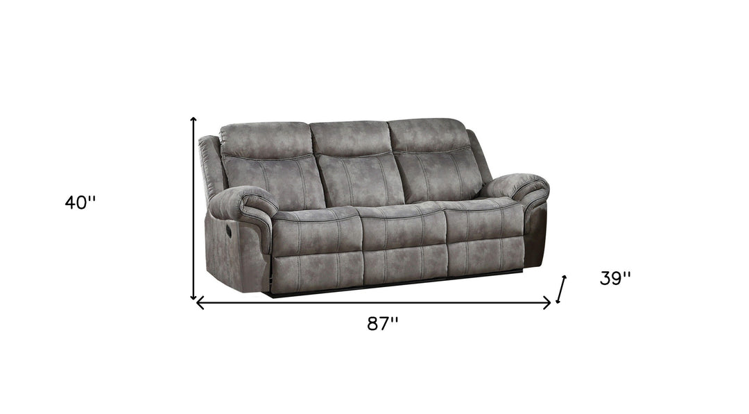 87" Gray Velvet Reclining USB Sofa With Black Legs