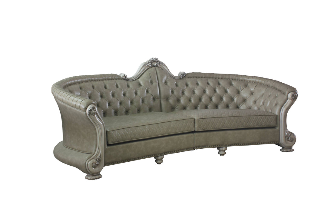 113" Bone Faux Leather Sofa with White Legs and Toss Pillows