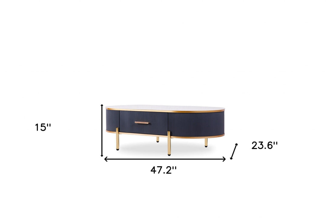 47-Inch White Stone and Gold Stainless Steel Oval Coffee Table with Drawer