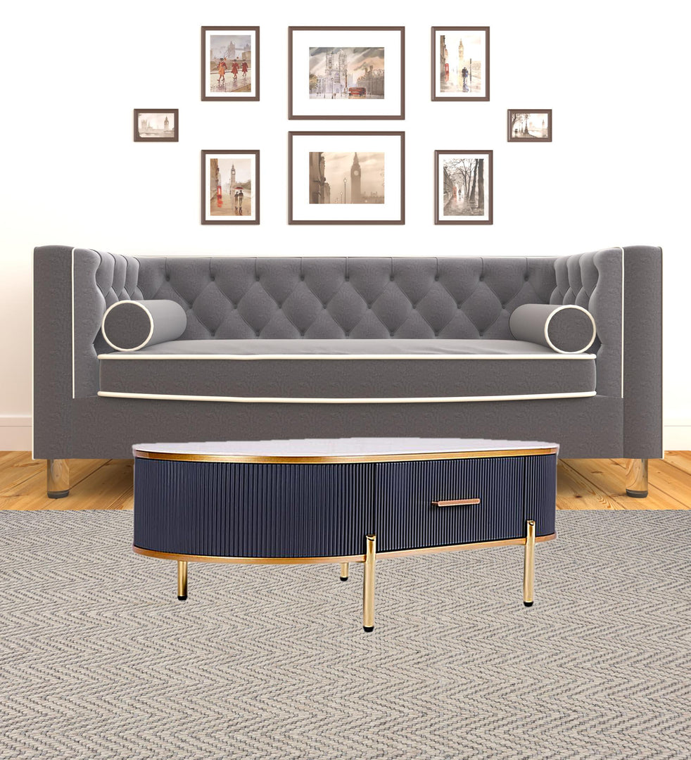 47-Inch White Stone and Gold Stainless Steel Oval Coffee Table with Drawer