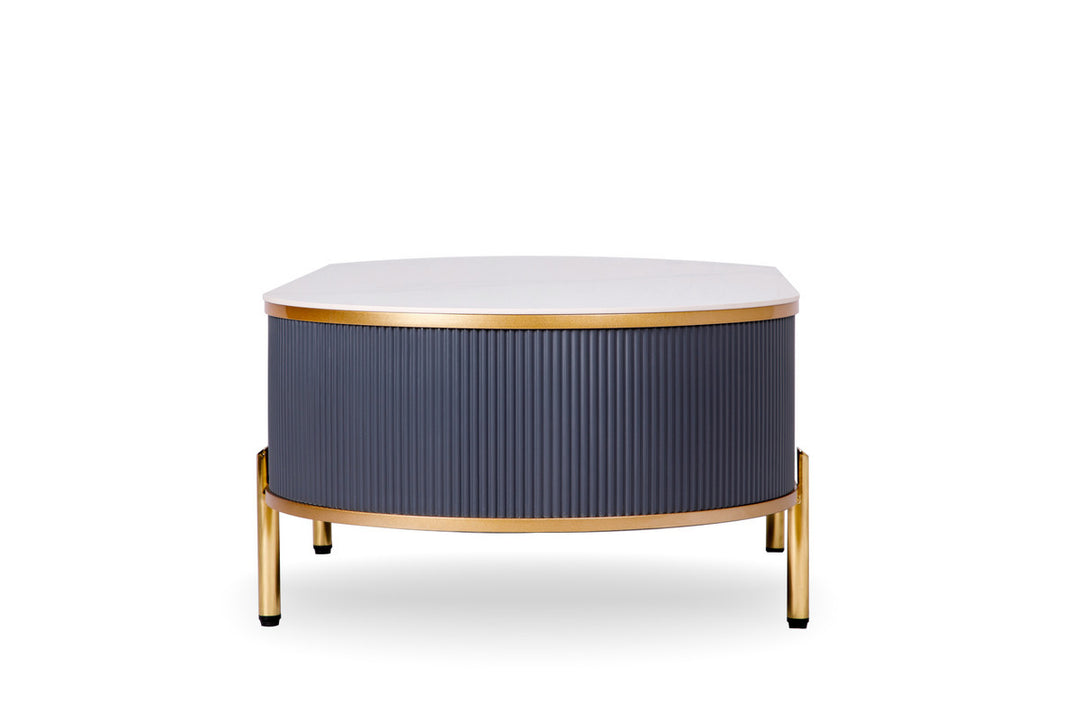 47-Inch White Stone and Gold Stainless Steel Oval Coffee Table with Drawer