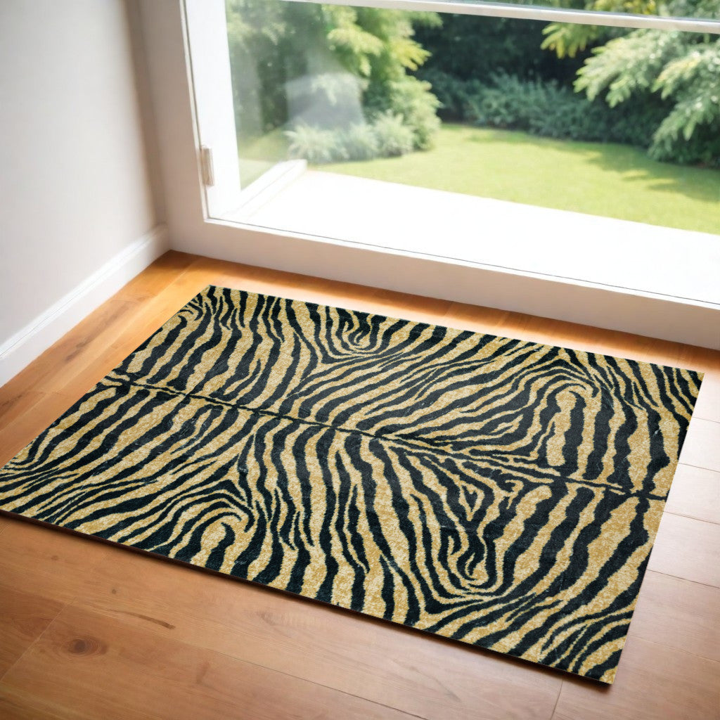 2' X 3' Black and Gold Animal Print Shag Handmade Non Skid Area Rug