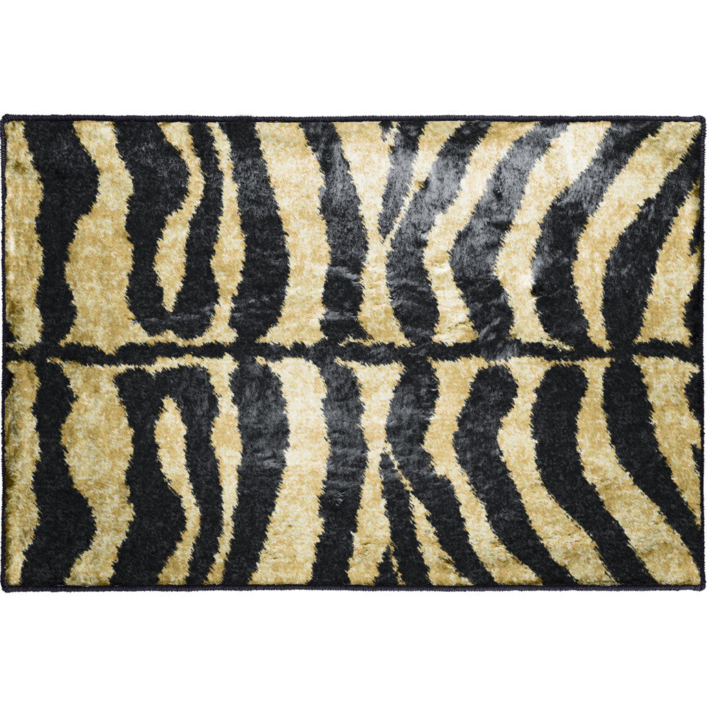 2' X 3' Black and Gold Animal Print Shag Handmade Non Skid Area Rug