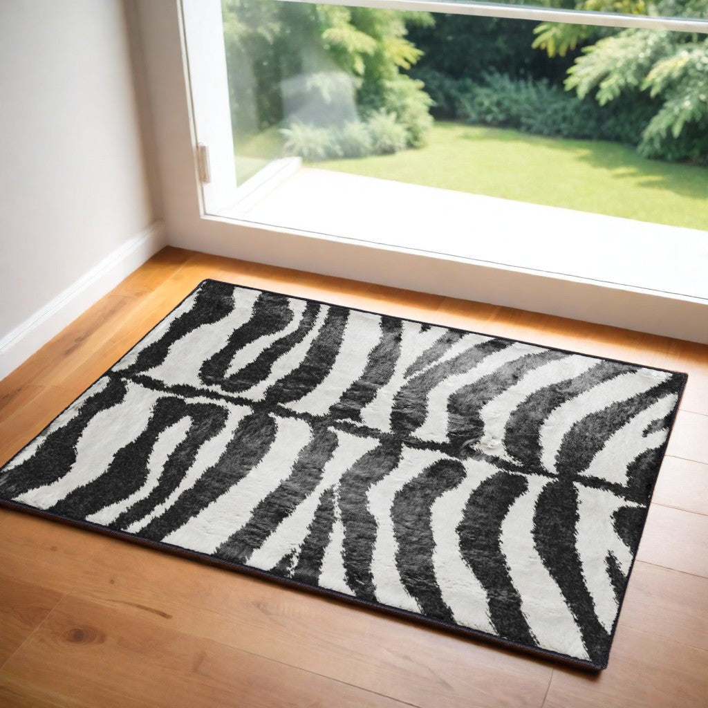 2' X 3' Black and White Zebra Print Shag Handmade Non Skid Area Rug