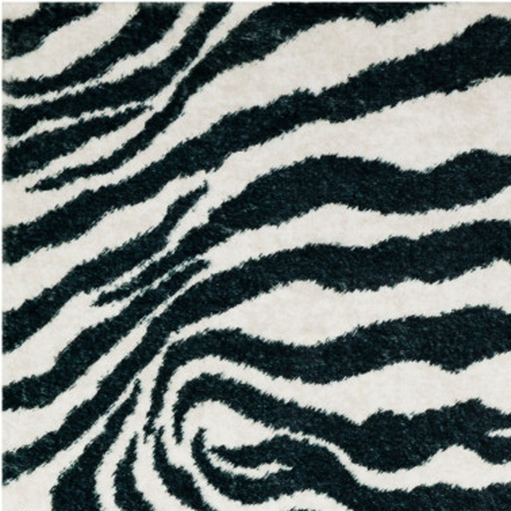 2' X 3' Black and White Zebra Print Shag Handmade Non Skid Area Rug