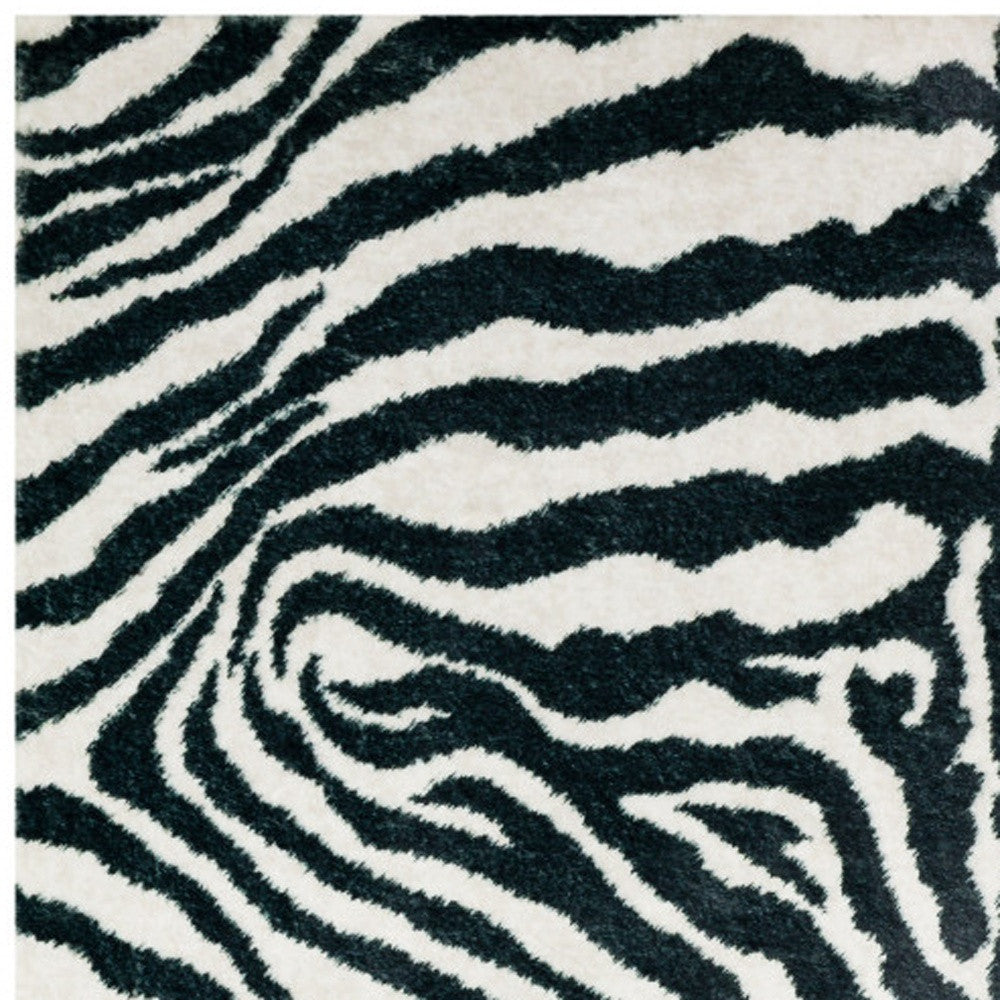 2' X 3' Black and White Zebra Print Shag Handmade Non Skid Area Rug