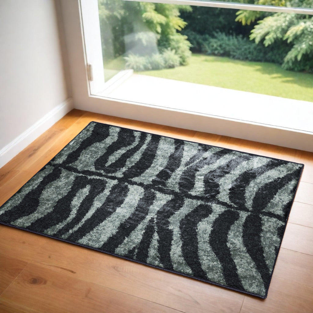 2' X 3' Black and Gray Zebra Print Shag Handmade Non Skid Area Rug