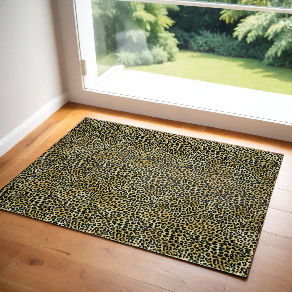 2' X 3' Black and Gold Leopard Print Shag Handmade Non Skid Area Rug