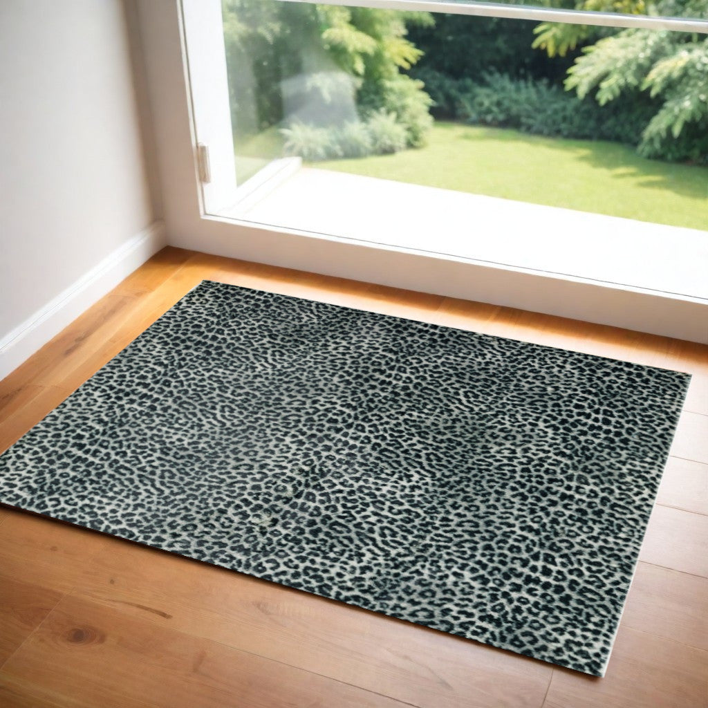 2' X 3' Black and Gray Leopard Print Shag Handmade Non Skid Area Rug