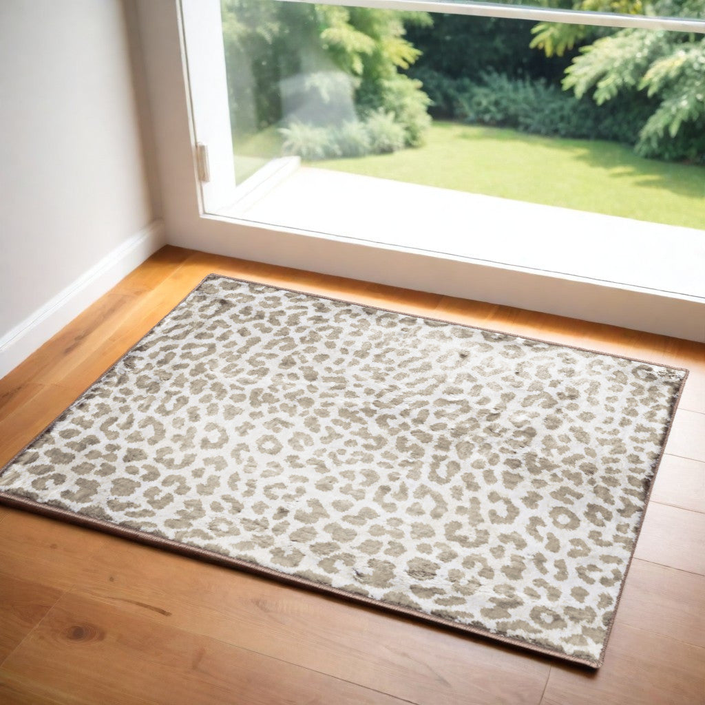 2' X 3' Beige and Cream Leopard Print Shag Handmade Non Skid Area Rug