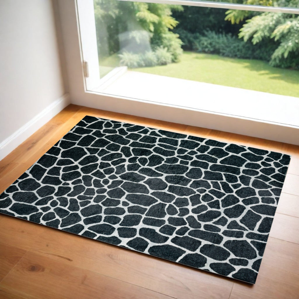 2' X 3' Black and White Croc Print Shag Handmade Non Skid Area Rug