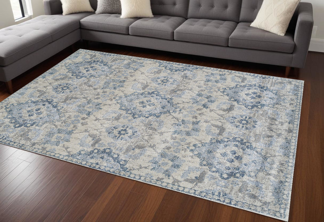 10' X 13' Blue Oriental Distressed Area Rug