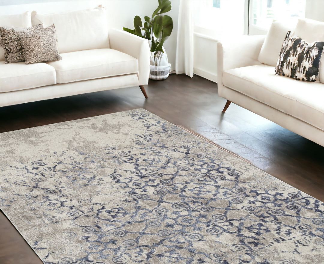 10' X 13' Blue and Ivory Oriental Distressed Area Rug