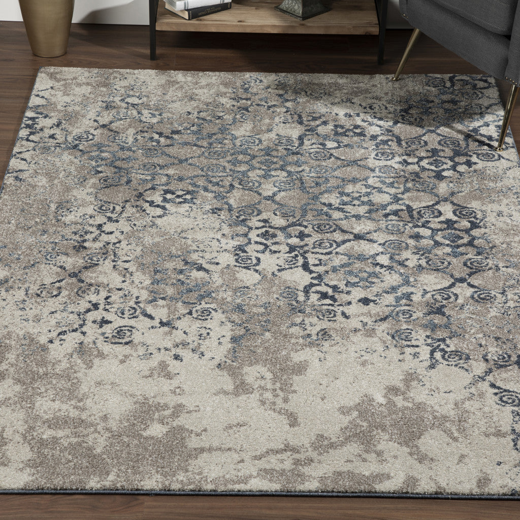 10' X 13' Blue and Ivory Oriental Distressed Area Rug