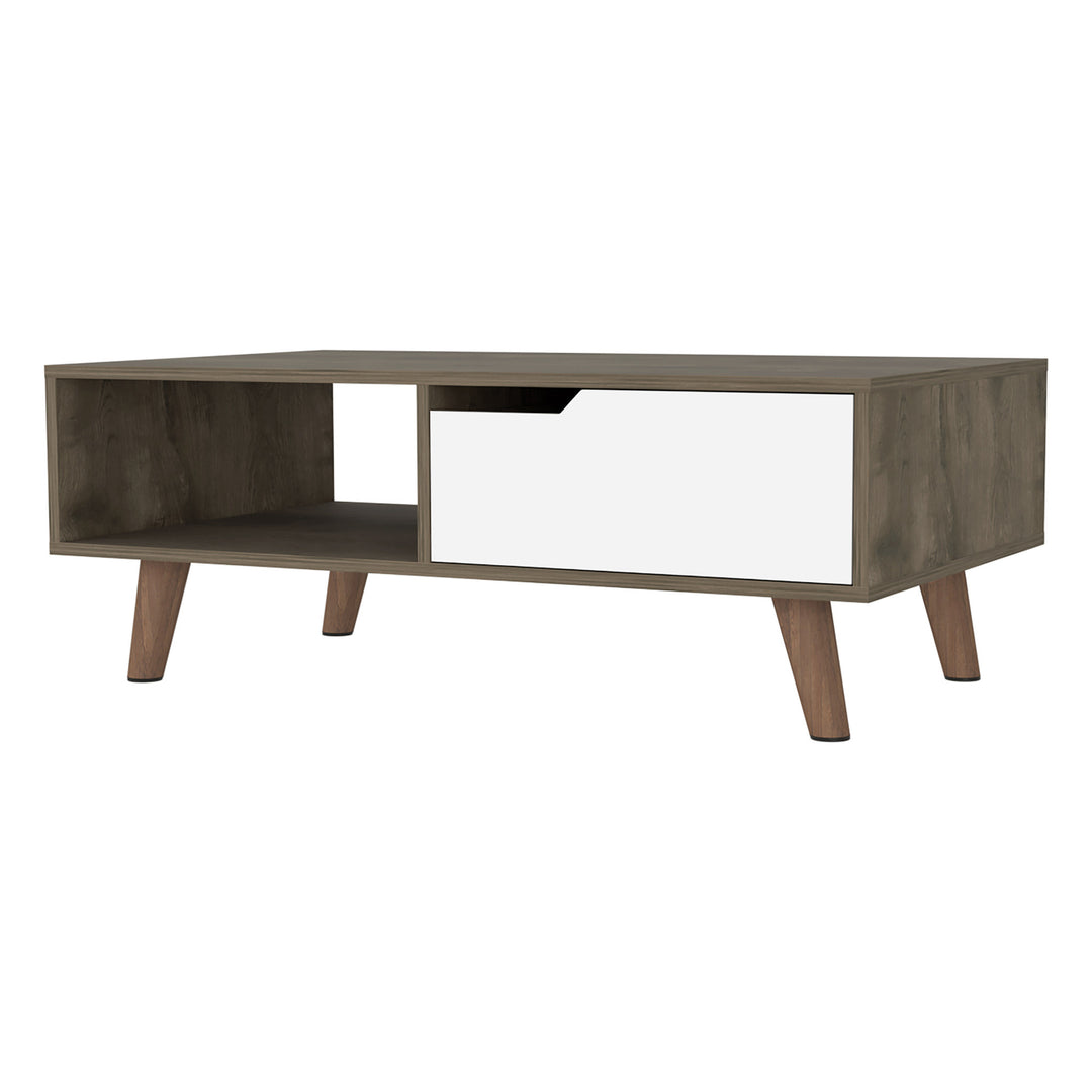 40-Inch Natural, Dark Brown, and White Wood Coffee Table with Shelf and Drawer