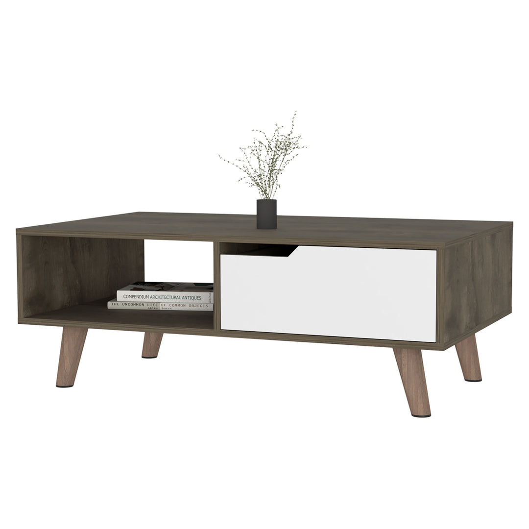 40-Inch Natural, Dark Brown, and White Wood Coffee Table with Shelf and Drawer