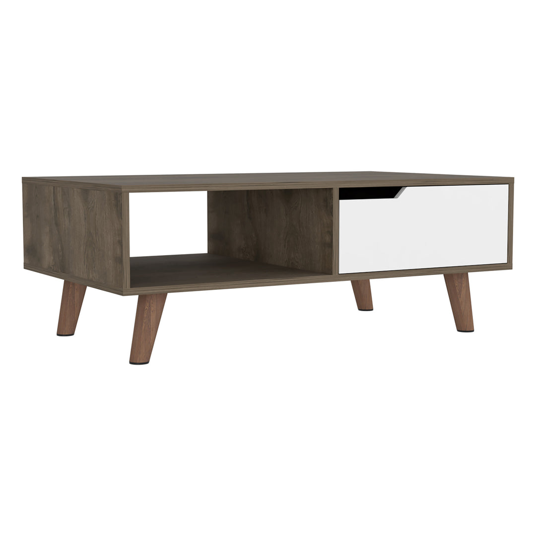 40-Inch Natural, Dark Brown, and White Wood Coffee Table with Shelf and Drawer