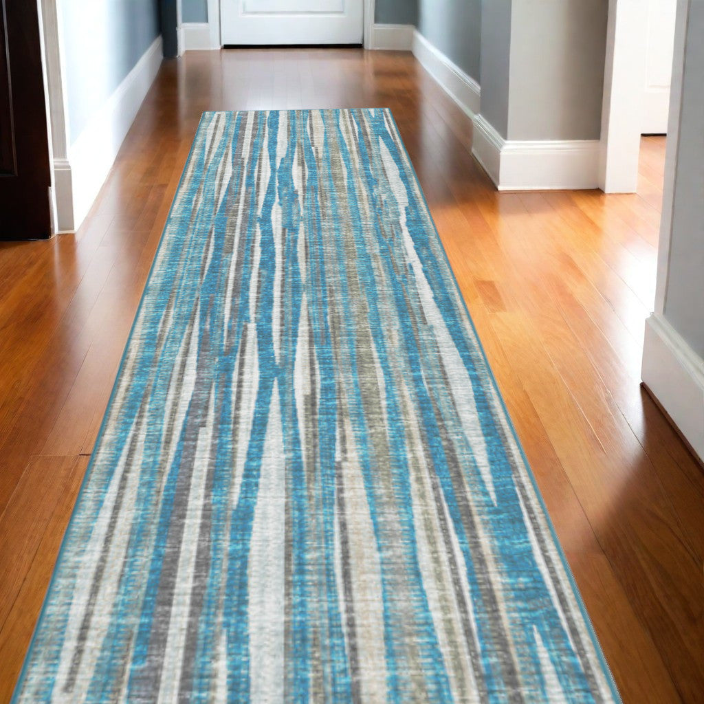 12' Blue and Ivory Ombre Hand Tufted Runner Rug