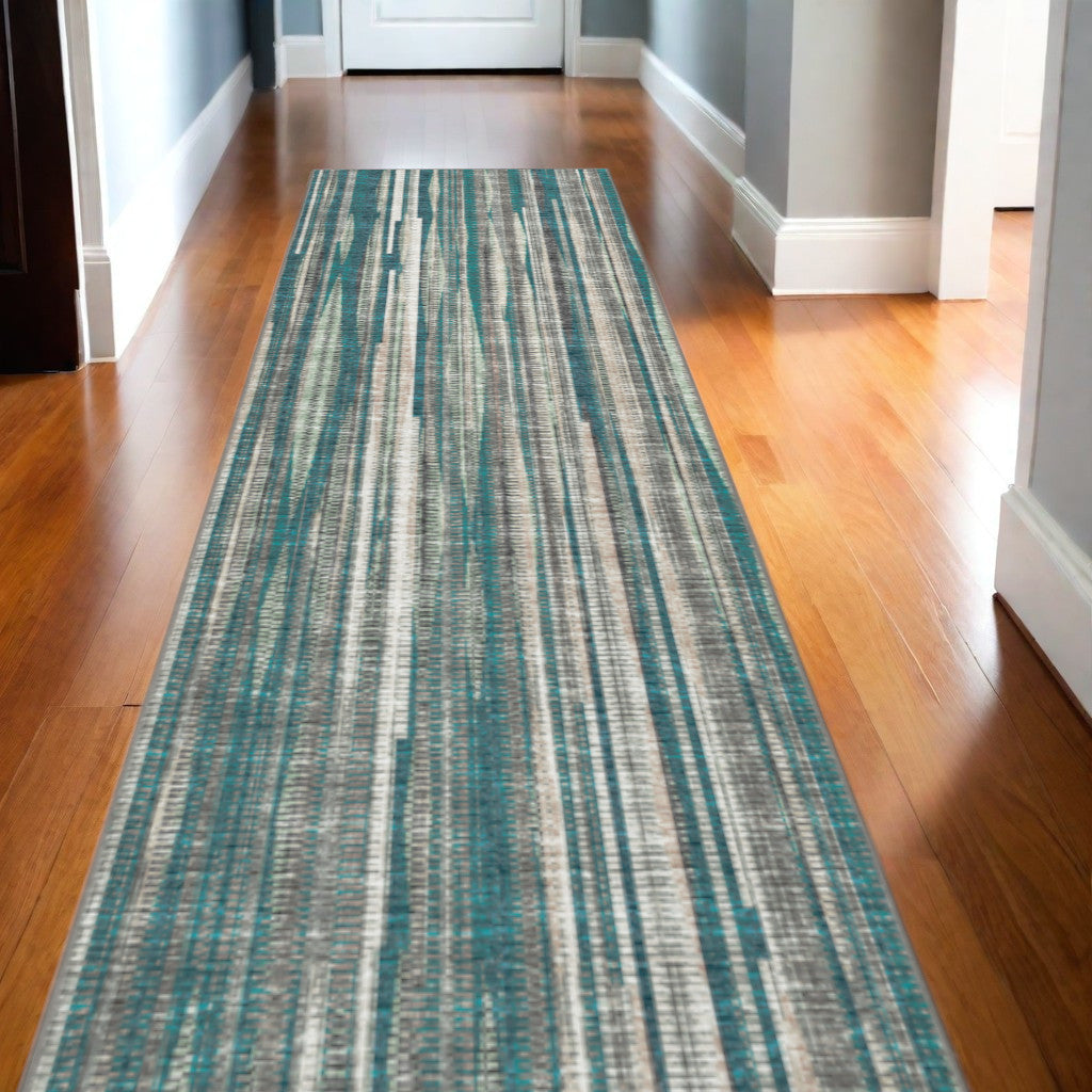 12' Blue and Ivory Ombre Hand Tufted Runner Rug