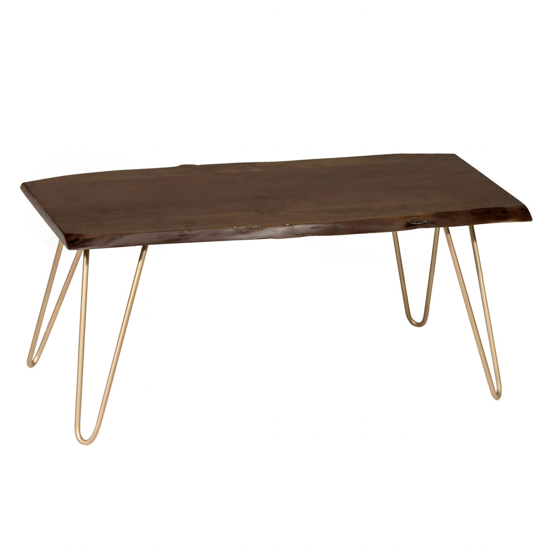 42-Inch Brown and Gold Mango Wood and Iron Coffee Table