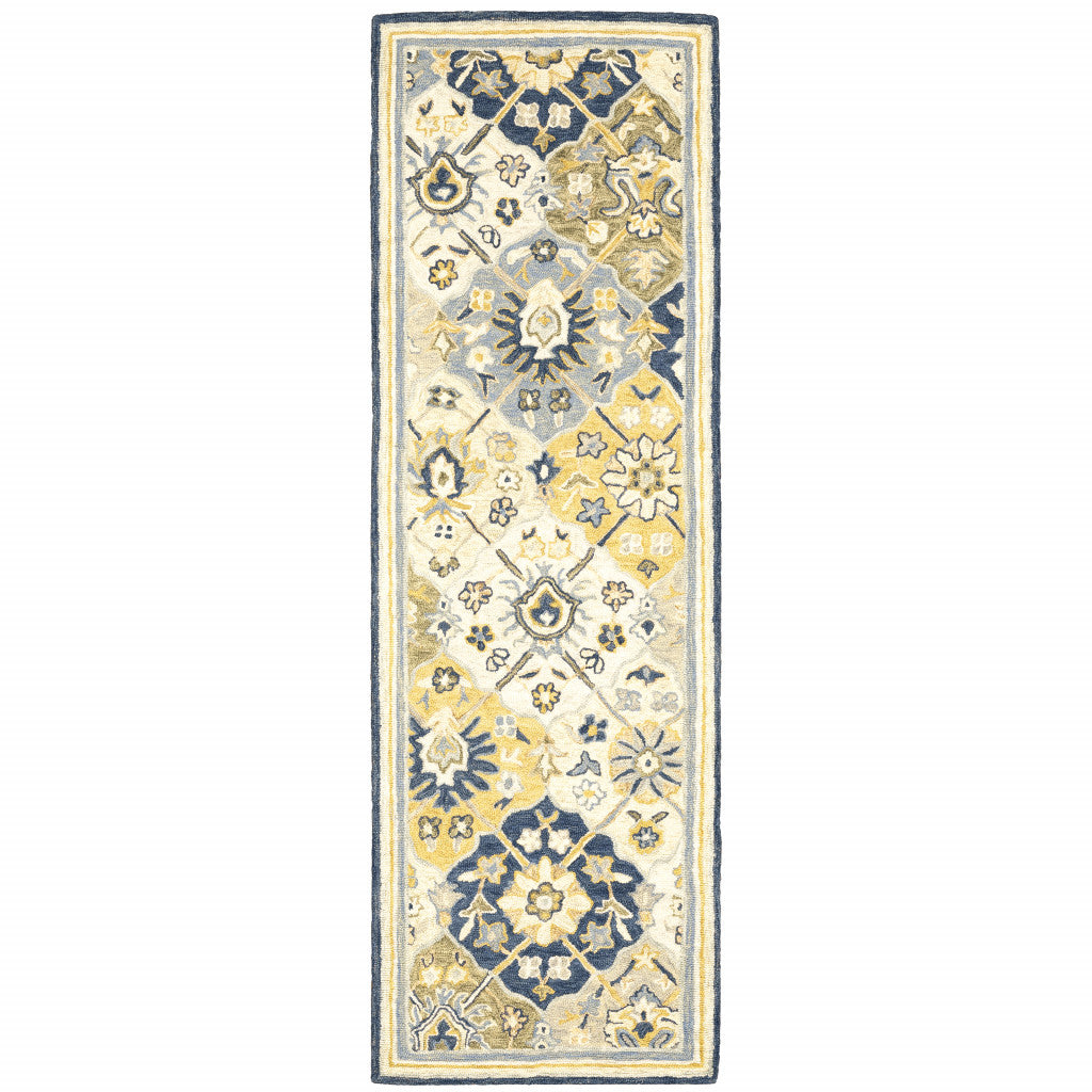 10' X 13' Blue Green Gold Navy And Ivory Geometric Tufted Handmade Stain Resistant Area Rug