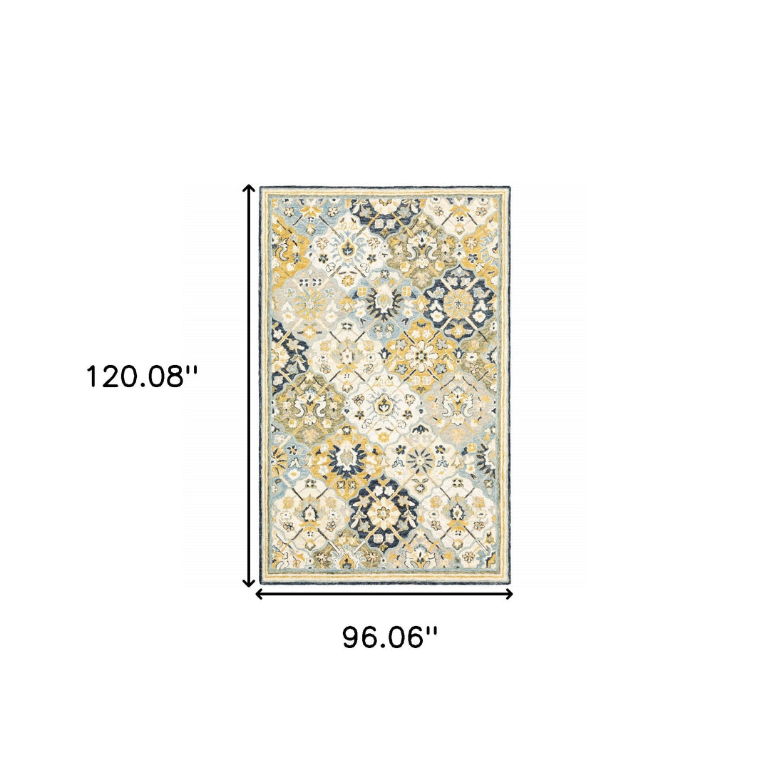 10' X 13' Blue Green Gold Navy And Ivory Geometric Tufted Handmade Stain Resistant Area Rug