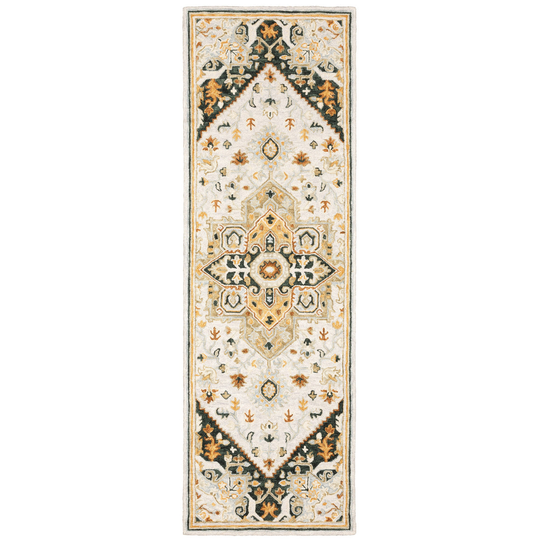 10' X 13' Ivory Charcoal Gold Clay And Muted Blue Oriental Tufted Handmade Stain Resistant Area Rug