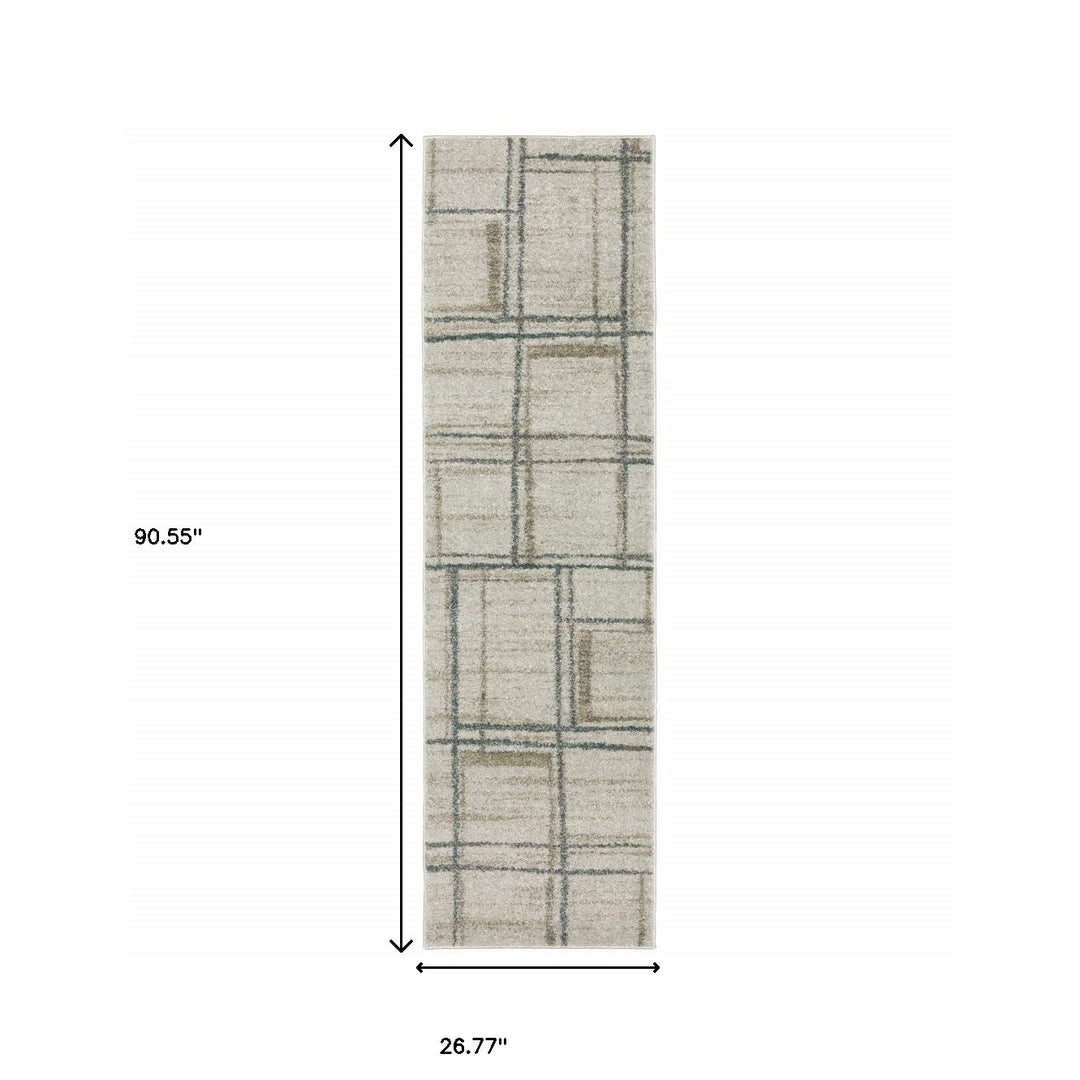 8' Runner Grey Teal Beige and Tan Geometric Power Loom Runner Rug