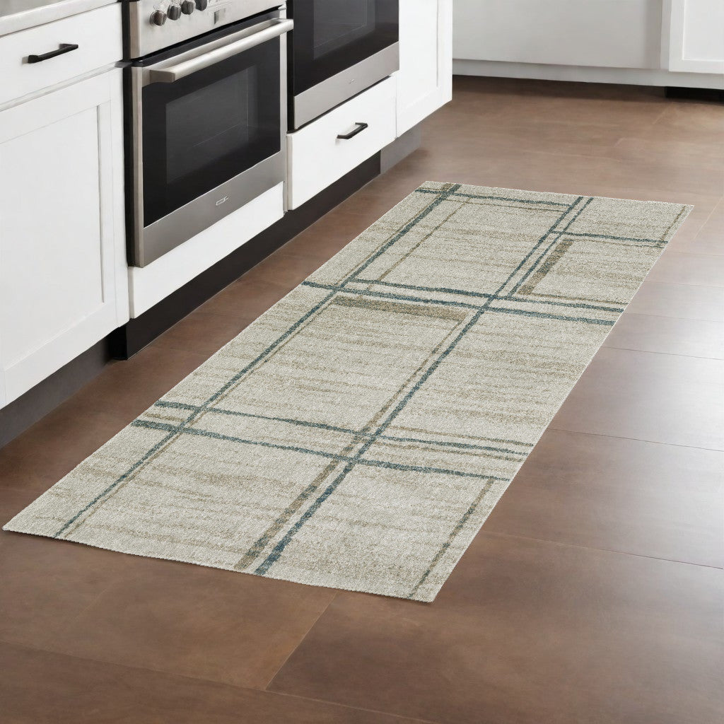 8' Runner Grey Teal Beige and Tan Geometric Power Loom Runner Rug