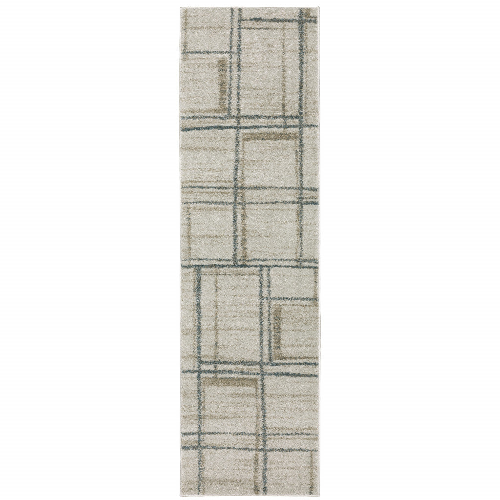 8' Runner Grey Teal Beige and Tan Geometric Power Loom Runner Rug