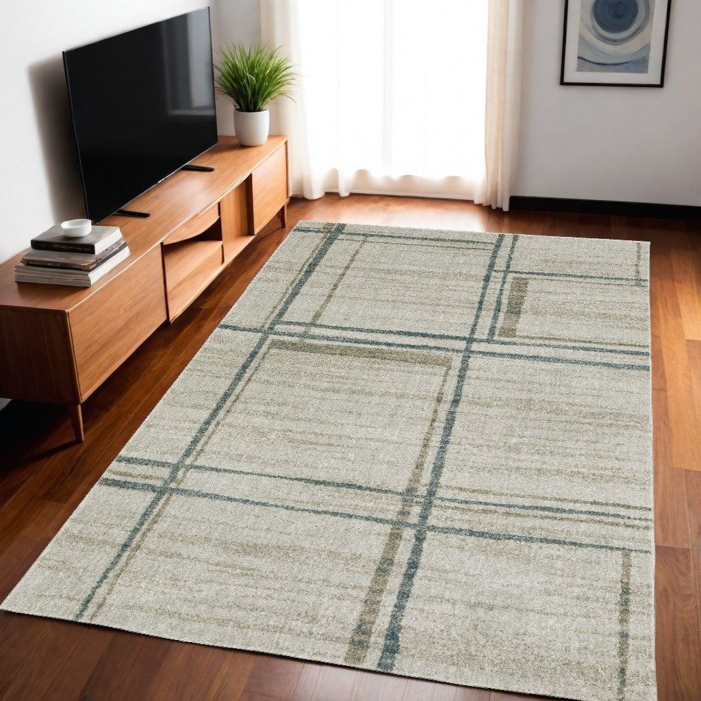 8' Runner Grey Teal Beige and Tan Geometric Power Loom Runner Rug