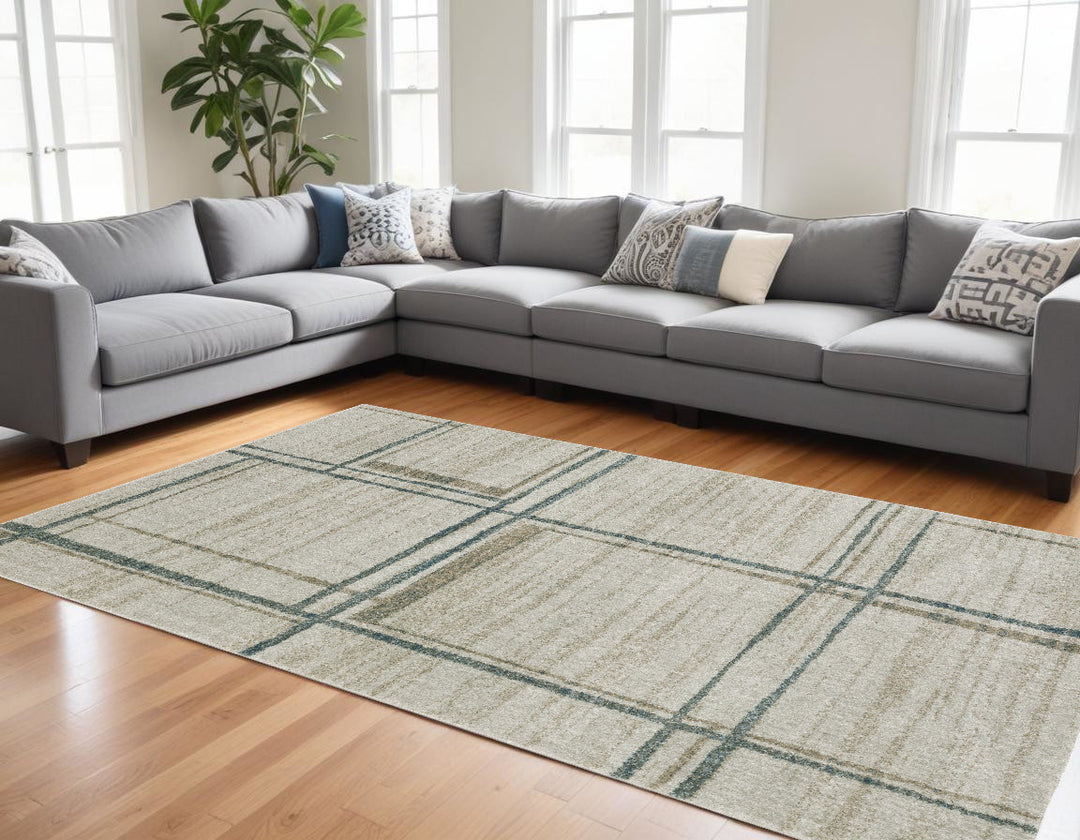 8' Runner Grey Teal Beige and Tan Geometric Power Loom Runner Rug