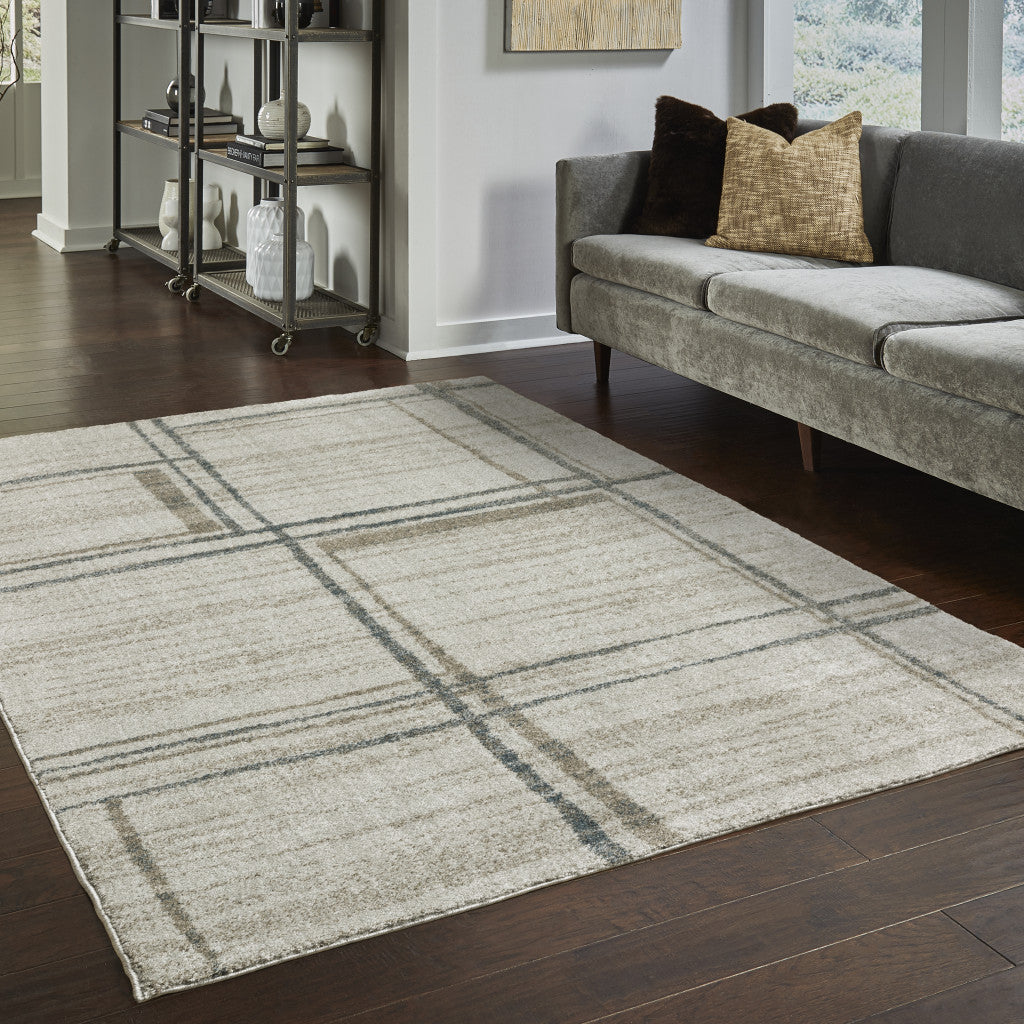 8' Runner Grey Teal Beige and Tan Geometric Power Loom Runner Rug