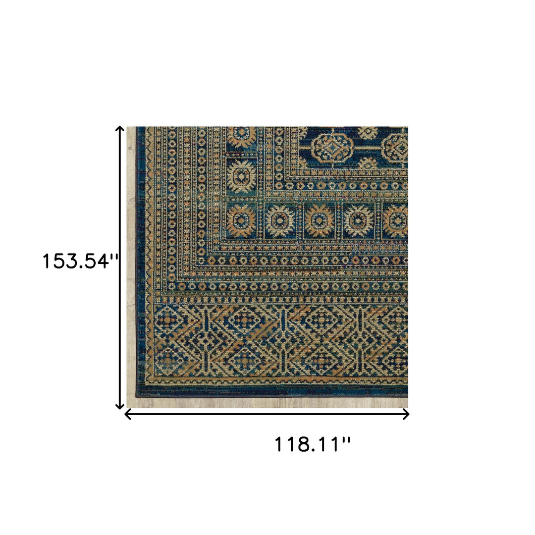 10' X 13' Blue And Gold Oriental Power Loom Stain Resistant Area Rug