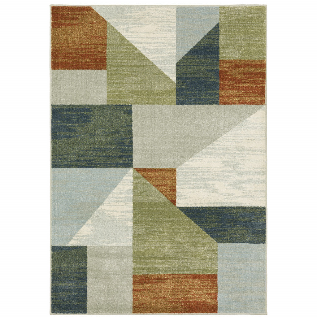 3' X 5' Grey Teal Blue Rust Green And Ivory Geometric Power Loom Stain Resistant Area Rug