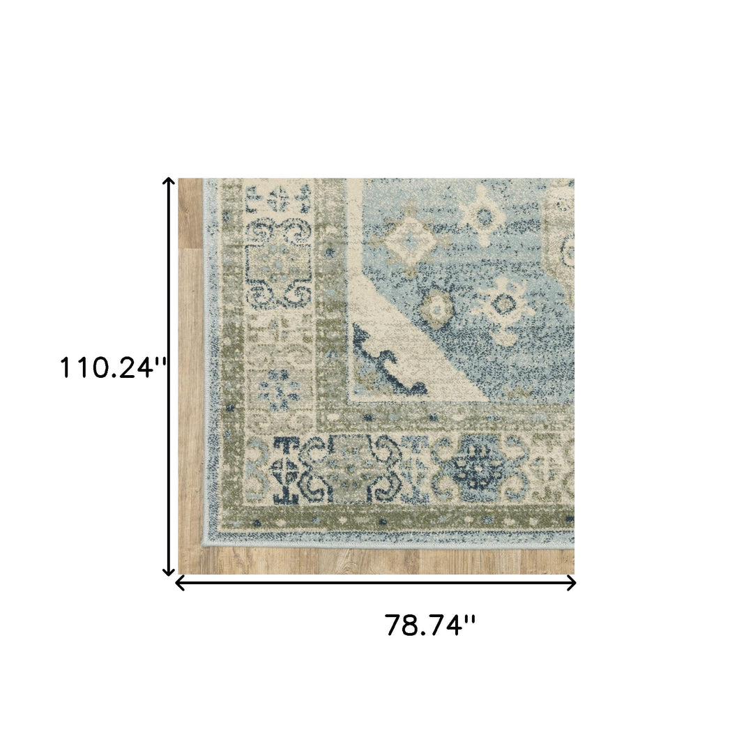 3' X 5' Blue Grey Beige And Teal Oriental Power Loom Stain Resistant Area Rug