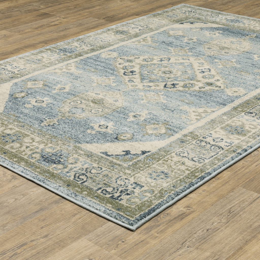 3' X 5' Blue Grey Beige And Teal Oriental Power Loom Stain Resistant Area Rug