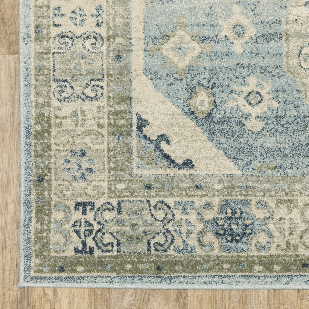 3' X 5' Blue Grey Beige And Teal Oriental Power Loom Stain Resistant Area Rug