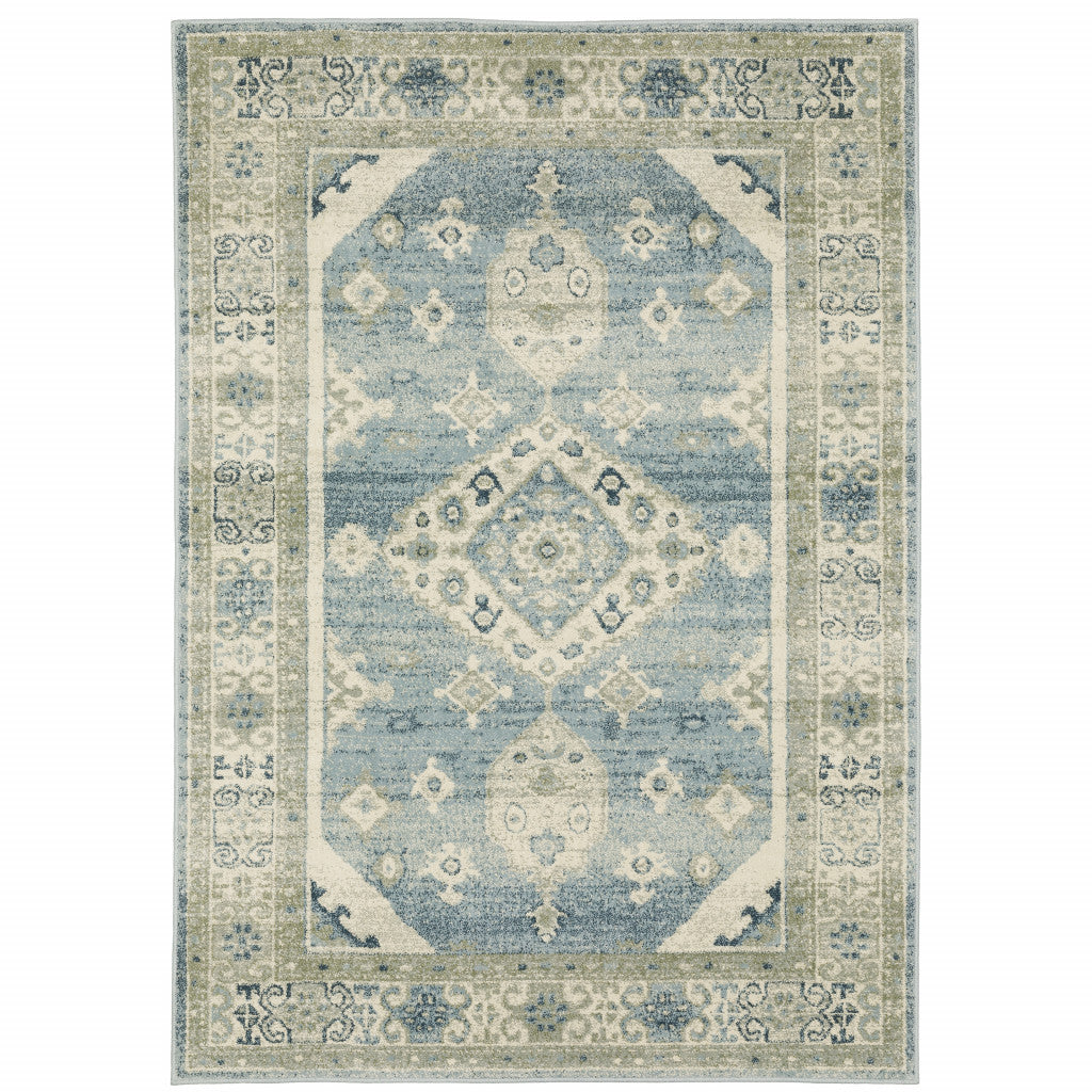 3' X 5' Blue Grey Beige And Teal Oriental Power Loom Stain Resistant Area Rug