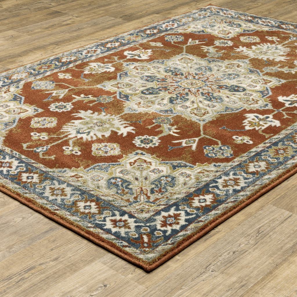 3' X 5' Rust Beige Teal Blue And Gold Oriental Power Loom Stain Resistant Area Rug