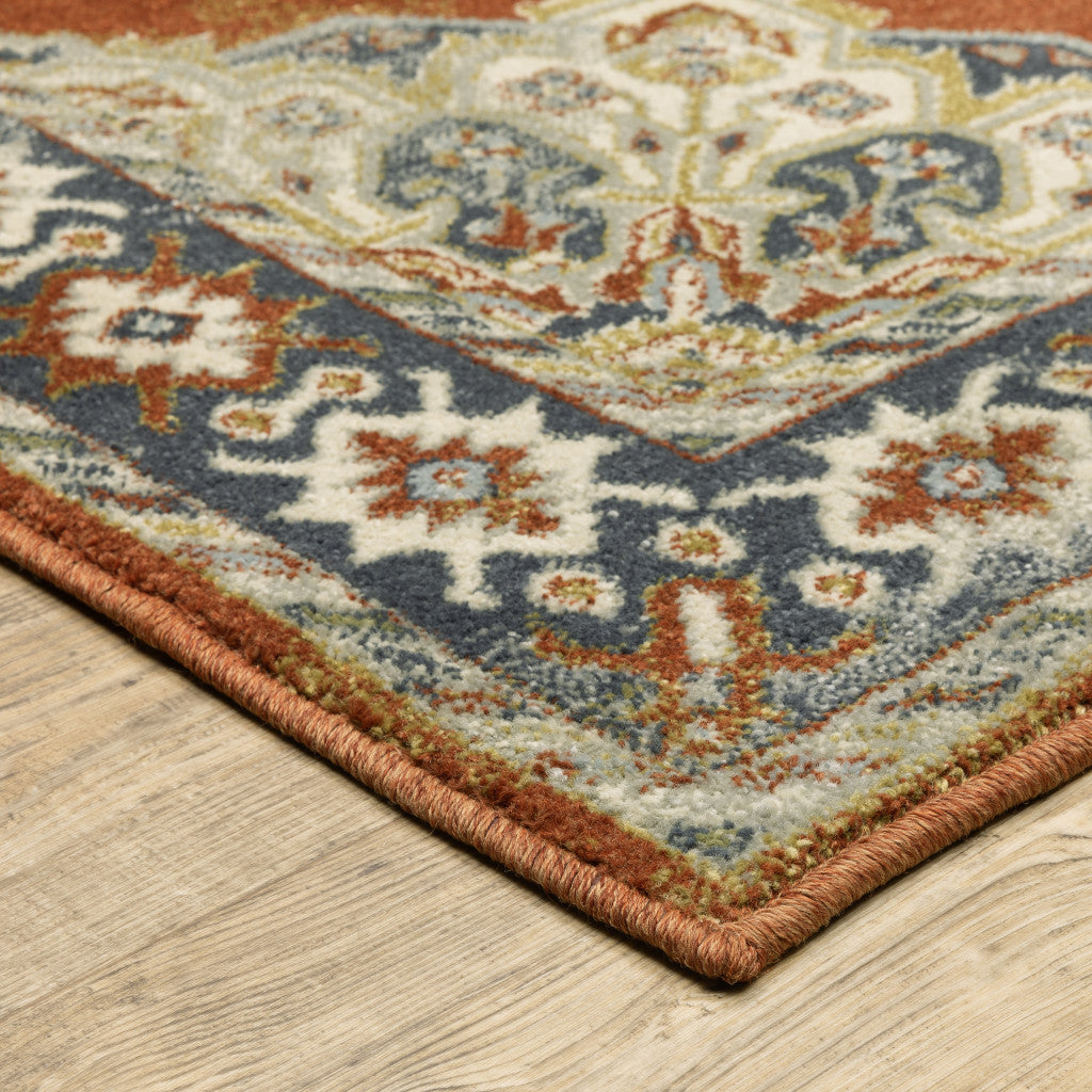 3' X 5' Rust Beige Teal Blue And Gold Oriental Power Loom Stain Resistant Area Rug