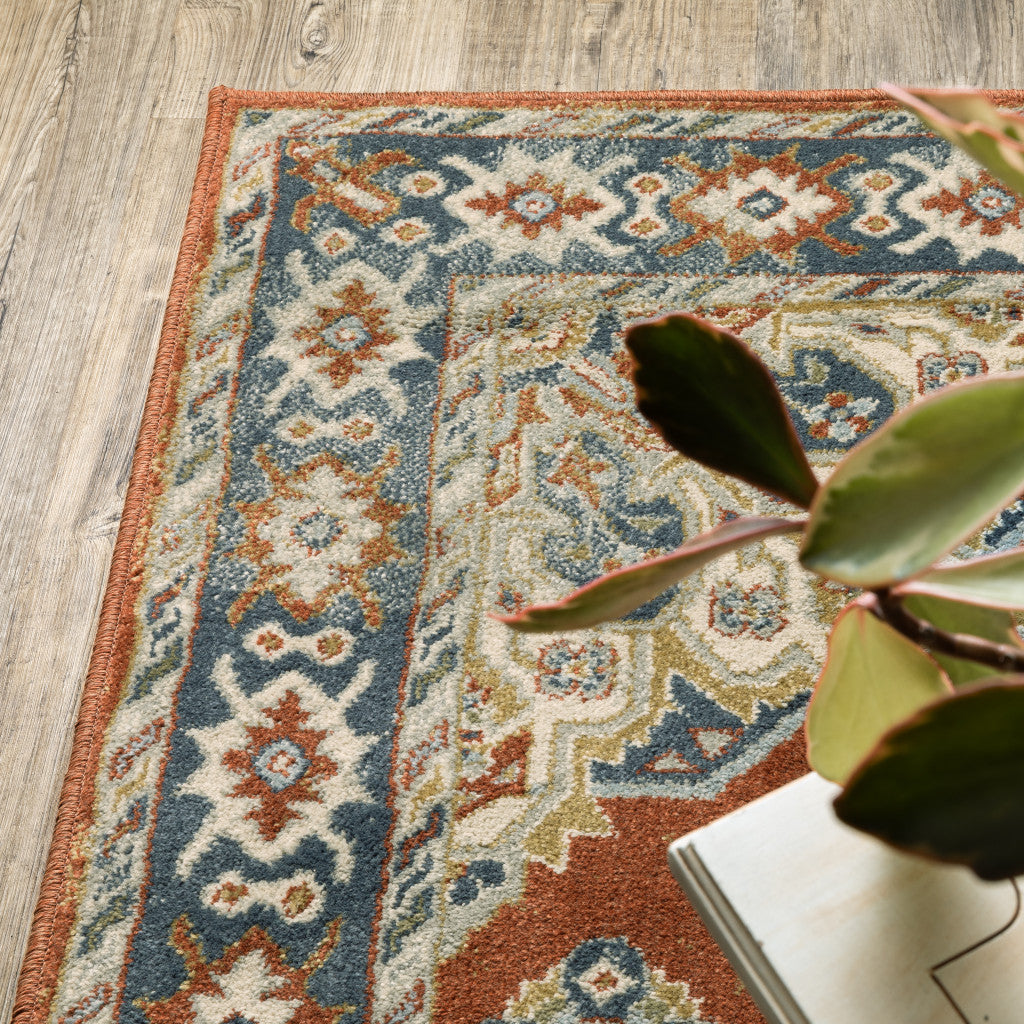 3' X 5' Rust Beige Teal Blue And Gold Oriental Power Loom Stain Resistant Area Rug