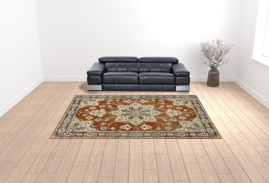 3' X 5' Rust Beige Teal Blue And Gold Oriental Power Loom Stain Resistant Area Rug